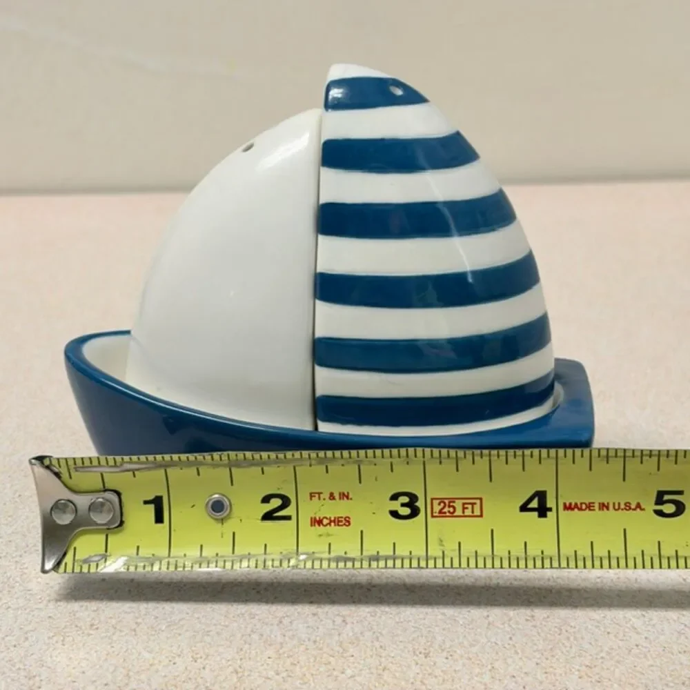 Kirkland’s Home Sailboat Salt Pepper Shaker Set Blue White Ceramic Coastal